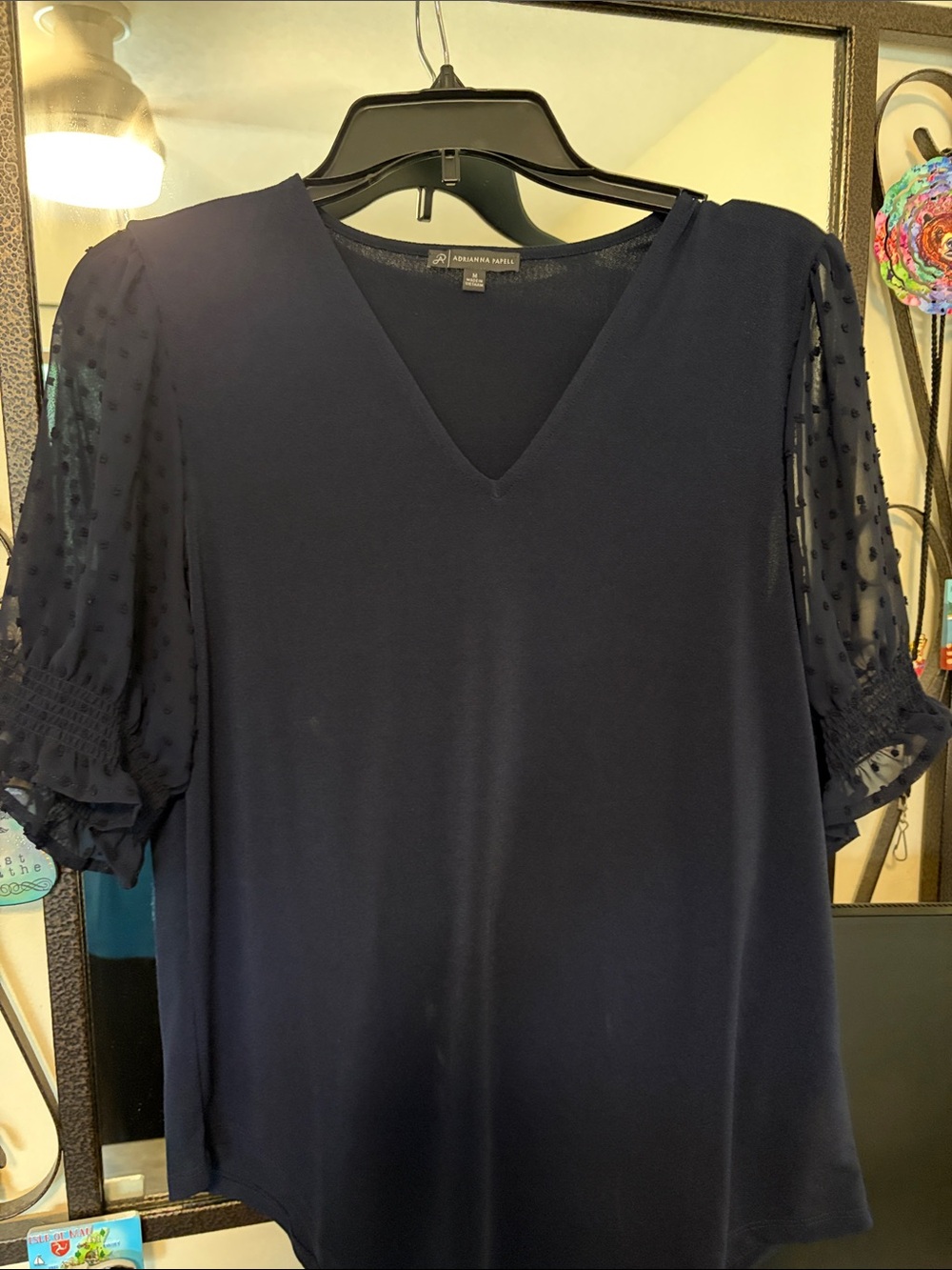 Adrianna Papell Navy V-Neck Swiss Dot Puff Sleeve Blouse
